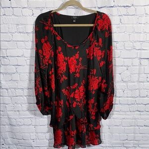 Haver London Floral Scoop Neck Top Red Black Whimsigoth Romantic Ruffle Size 3X